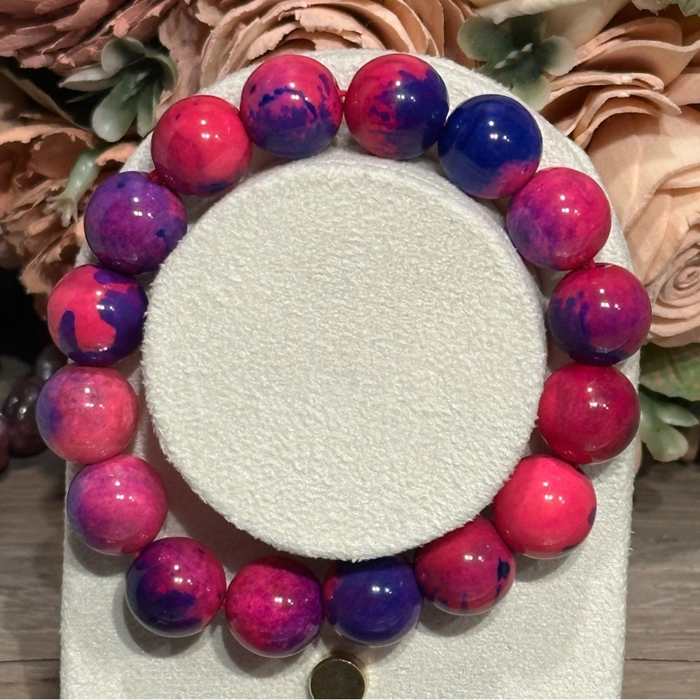 Fuchsia & Violet Marbled Agate Bracelet 13.5mm Size 6.75 - Picture 2 of 4